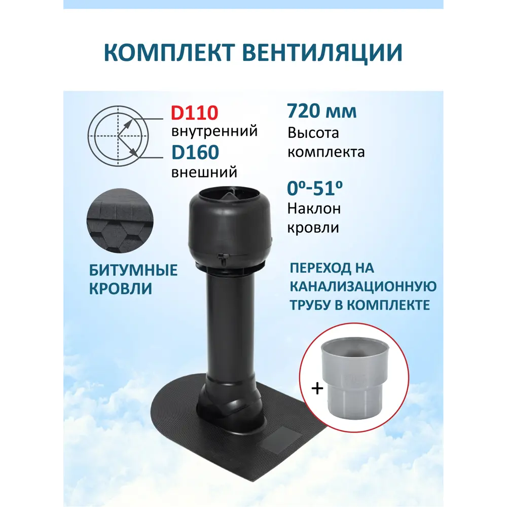 Фото Вентиляционный выход Татполимер c колпаком ⌀160мм высотой 700мм с переходом ⌀100мм для битумной кровли RAL9005 Фото Вентиляционный выход Татполимер c колпаком ⌀160мм высотой 700мм с переходом ⌀100мм для битумной кровли RAL9005