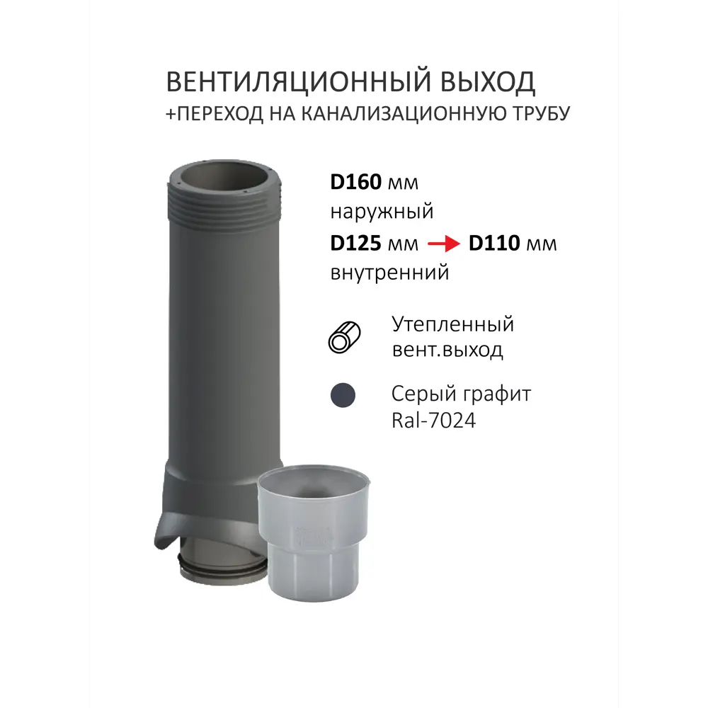 Фото 2 Вентиляционный выход Татполимер c колпаком ⌀160мм высотой 700мм с переходом ⌀100мм для металлочерепицы Каскад RAL7024 Фото 2 Вентиляционный выход Татполимер c колпаком ⌀160мм высотой 700мм с переходом ⌀100мм для металлочерепицы Каскад RAL7024