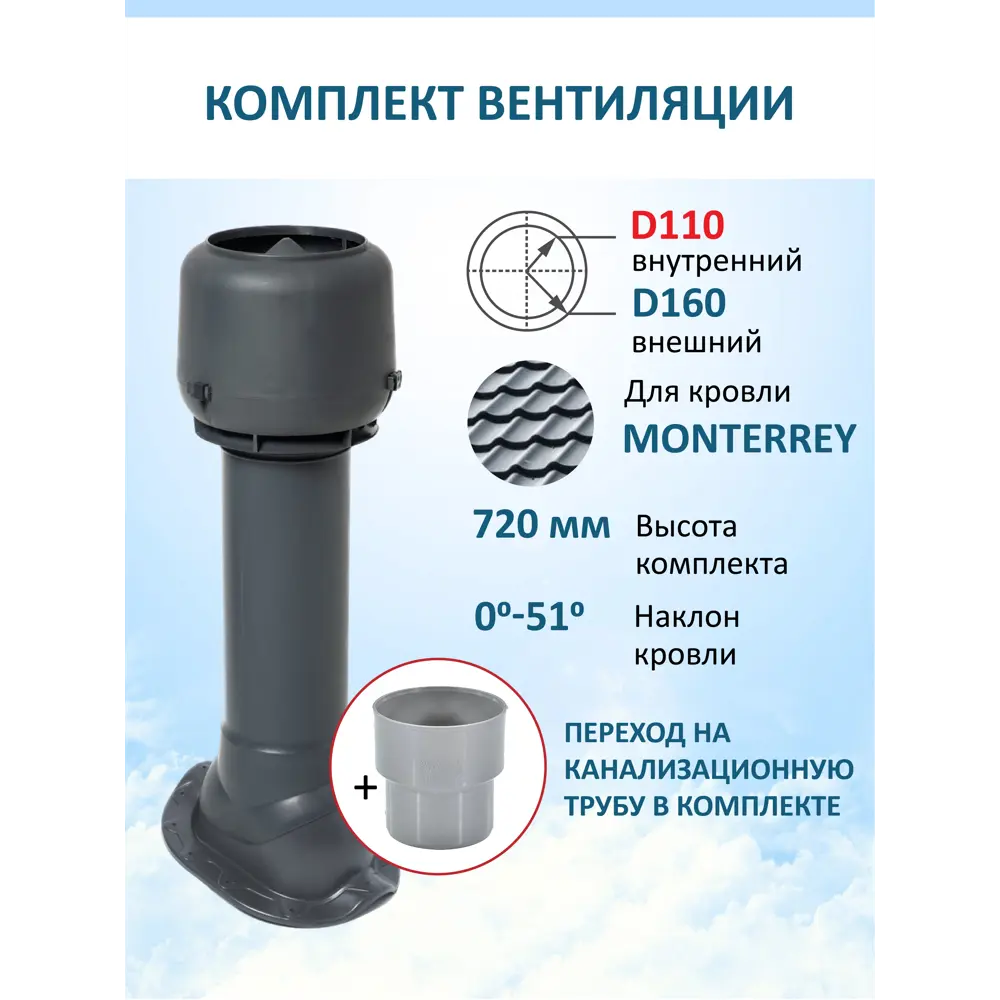 Фото Вентиляционный выход Татполимер c колпаком ⌀160мм высотой 700мм с переходом ⌀100мм для металлочерепицы Monterrey RAL7024 Фото Вентиляционный выход Татполимер c колпаком ⌀160мм высотой 700мм с переходом ⌀100мм для металлочерепицы Monterrey RAL7024