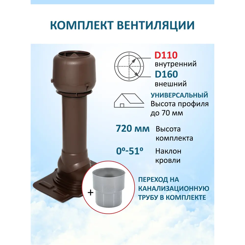 Фото Вентиляционный выход Татполимер c колпаком ⌀160мм высотой 700мм с переходом ⌀100мм и с проходным элементом универсальный RAL8017 Фото Вентиляционный выход Татполимер c колпаком ⌀160мм высотой 700мм с переходом ⌀100мм и с проходным элементом универсальный RAL8017