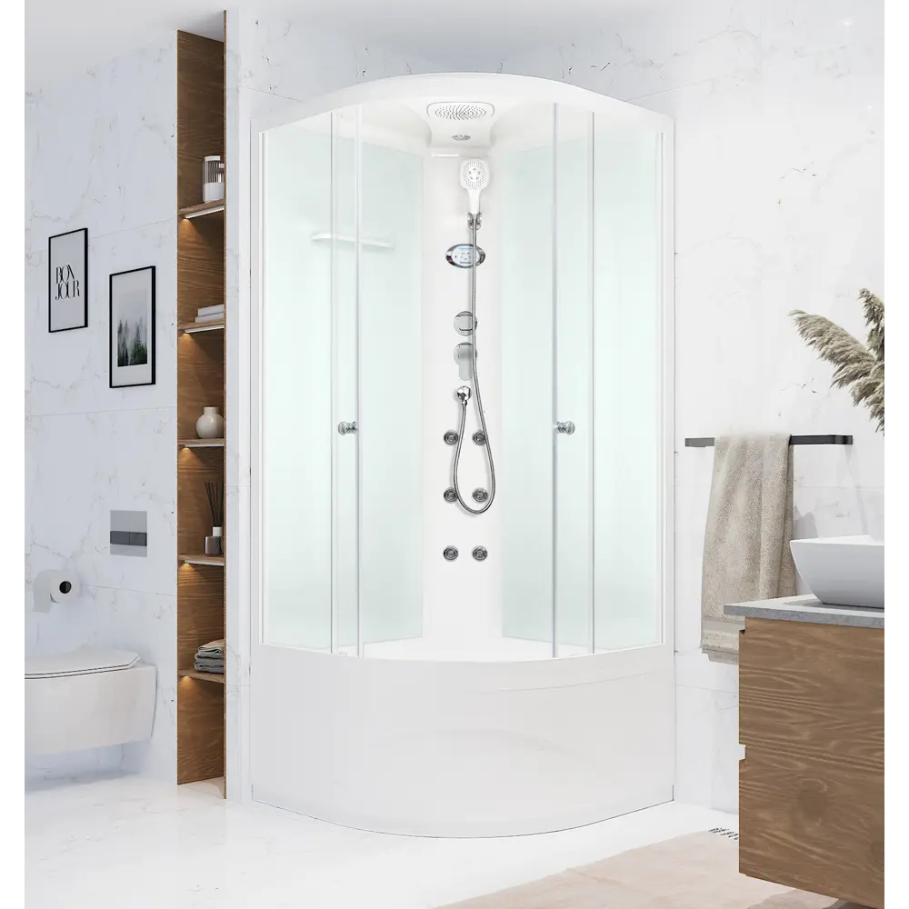 Фото Душевая кабина Domani-Spa Delight Slim 110 high DS01DS110HWCl10 100x100x218 см гидромассаж 1/4 круга высокий поддон, белые стенки, прозрачное стекло Фото Душевая кабина Domani-Spa Delight Slim 110 high DS01DS110HWCl10 100x100x218 см гидромассаж 1/4 круга высокий поддон, белые стенки, прозрачное стекло