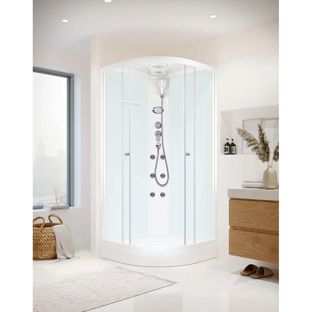 Фото 4 Душевая кабина Domani-Spa Delight Slim 110 DS01DS110LWCl10 100x100x218 см гидромассаж 1/4 круга низкий поддон, белые стенки, прозрачное стекло Фото 4 Душевая кабина Domani-Spa Delight Slim 110 DS01DS110LWCl10 100x100x218 см гидромассаж 1/4 круга низкий поддон, белые стенки, прозрачное стекло