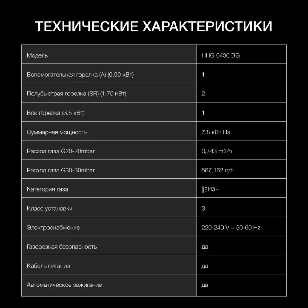 Фото 5 Газовая варочная панель Hyundai HHG 6436 BG 58 см 4 конфорки цвет черный