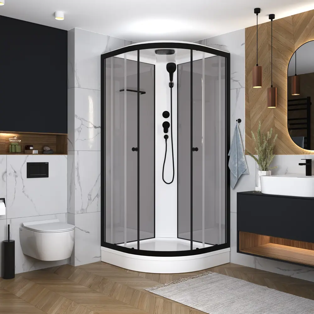 Фото 3 Душевая кабина Domani-Spa Delight Slim 110 100x100x218 см низкий поддон серые стенки, прозрачное стекло, графит профиль, Black accents Фото 3 Душевая кабина Domani-Spa Delight Slim 110 100x100x218 см низкий поддон серые стенки, прозрачное стекло, графит профиль, Black accents