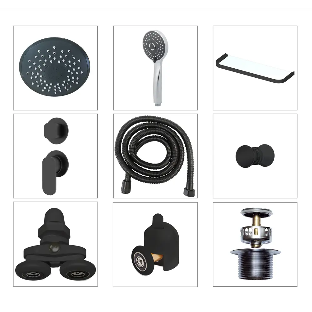 Фото 7 Душевая кабина Domani-Spa Simple 110 high 100x100x218 см высокий поддон, серые стенки, прозрачное стекло, графит профиль, Black accents Фото 7 Душевая кабина Domani-Spa Simple 110 high 100x100x218 см высокий поддон, серые стенки, прозрачное стекло, графит профиль, Black accents