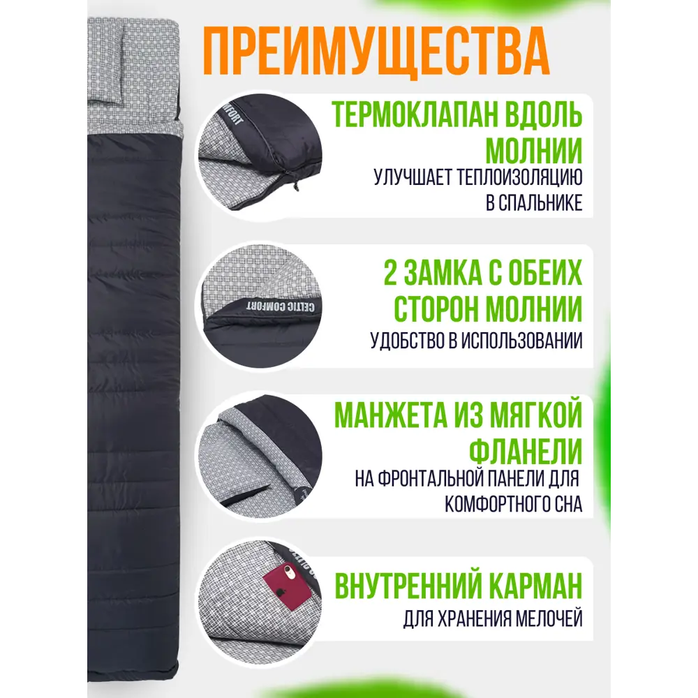Фото 5 Спальный мешок Jungle Camp Celtic Comfort с подушкой фланель правая молния цвет антрацит размер 235 см х 85 см Фото 5 Спальный мешок Jungle Camp Celtic Comfort с подушкой фланель правая молния цвет антрацит размер 235 см х 85 см