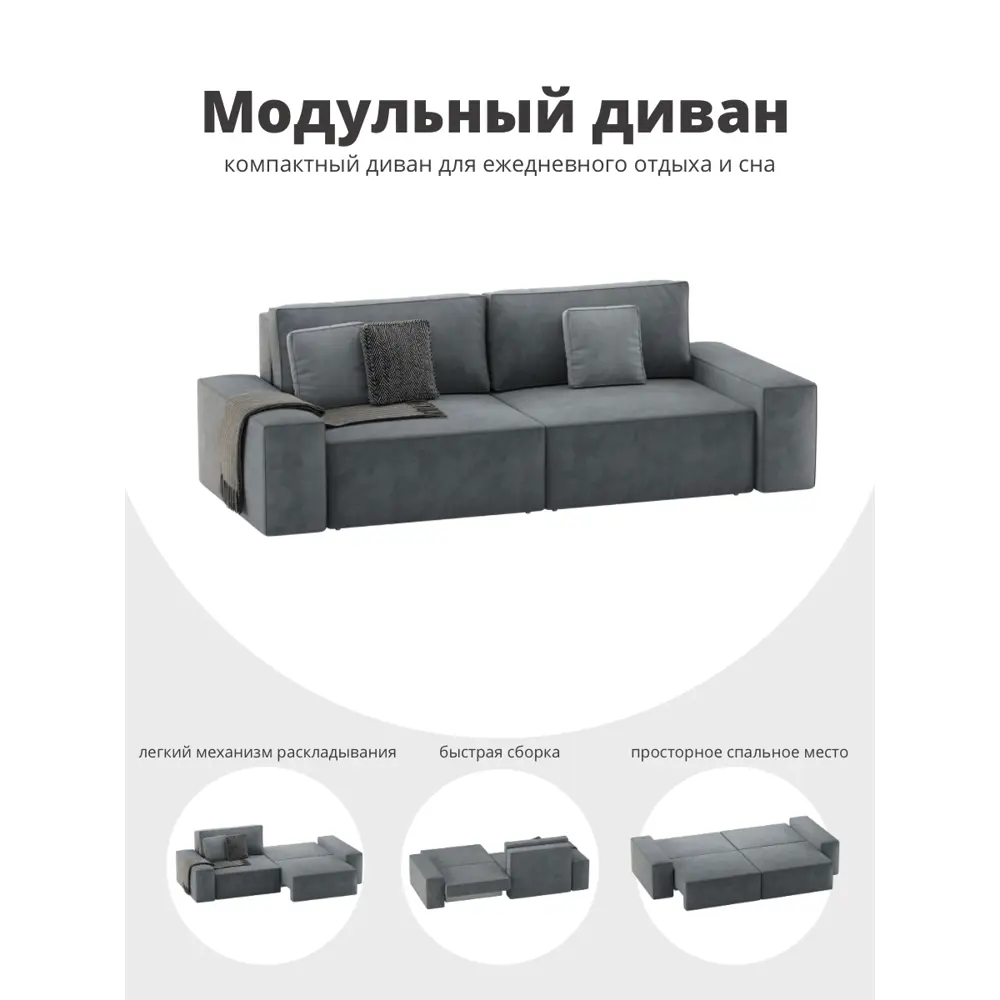 Фото 2 Диван раскладной Mebelroom Тедди 250x80x100 см велюр цвет темно-серый Фото 2 Диван раскладной Mebelroom Тедди 250x80x100 см велюр цвет темно-серый