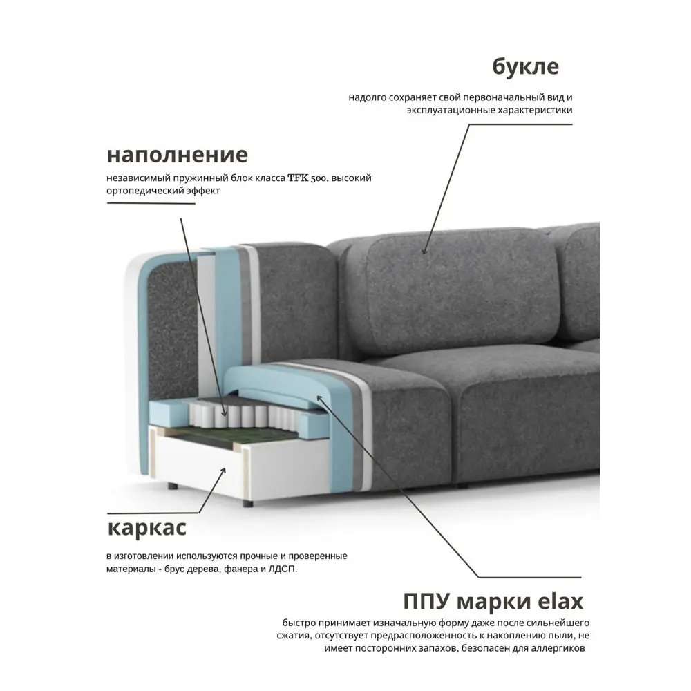 Фото 6 Диван раскладной Mebelroom Парма 380x90x180 см ткань цвет серый Фото 6 Диван раскладной Mebelroom Парма 380x90x180 см ткань цвет серый