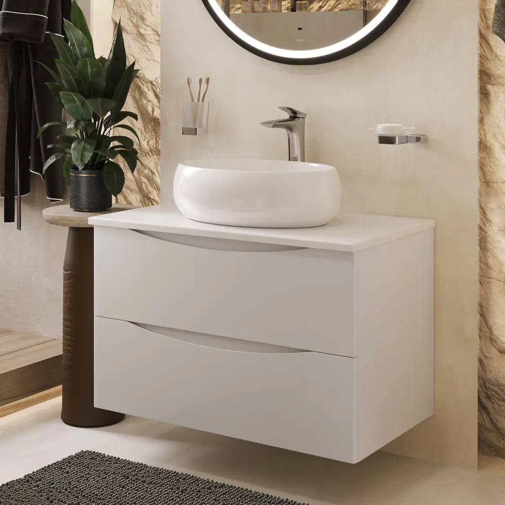 Фото Тумба c раковиной Bond Cube T05805-S58490 подвесная с белой столешницей Фото Тумба c раковиной Bond Cube T05805-S58490 подвесная с белой столешницей