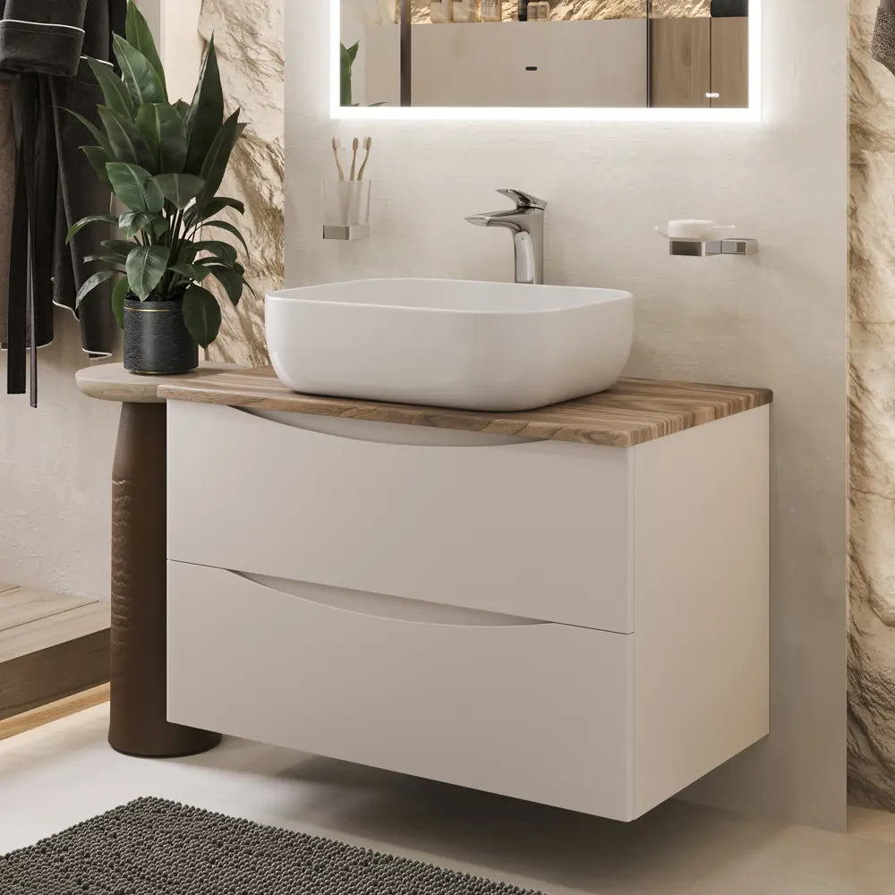 Фото Тумба c раковиной Bond Cube T09805-S61500 подвесная белая со столешницей под дерево Фото Тумба c раковиной Bond Cube T09805-S61500 подвесная белая со столешницей под дерево