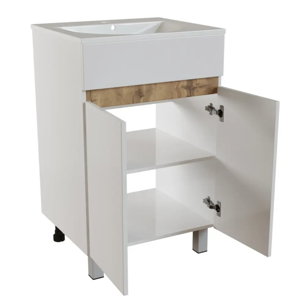 Фото 2 Тумба для ванной Mixline Брикс-50 2 створки белый/дуб вотан под раковину Breeze 50 мебельный Sanita Luxe