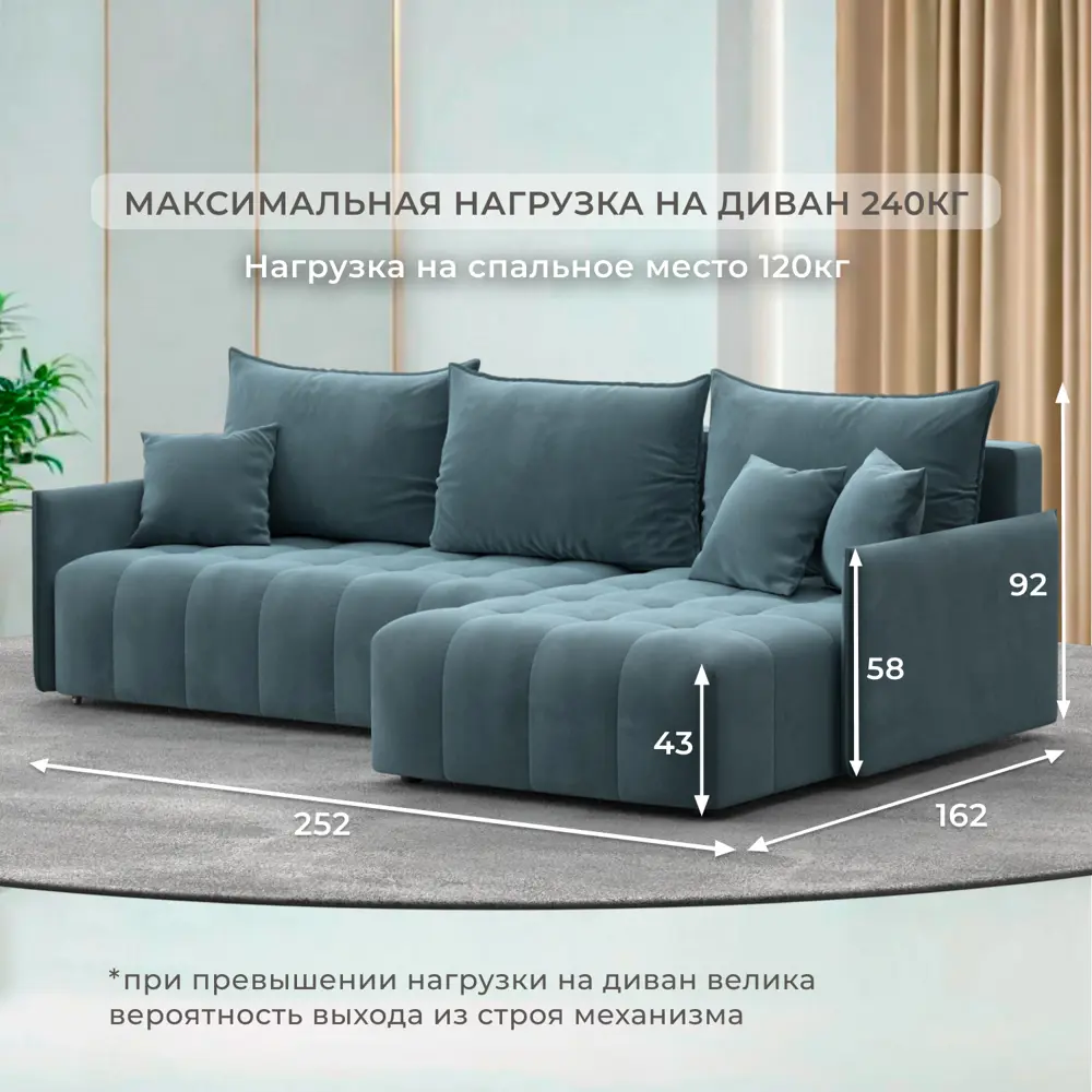 Фото 4 Диван раскладной Лига диванов 252x92x162 см велюр цвет seven 113 бирюзовый Фото 4 Диван раскладной Лига диванов 252x92x162 см велюр цвет seven 113 бирюзовый