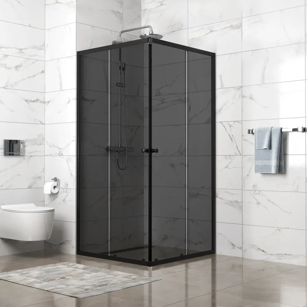 Фото Душевой уголок Domani-spa Shape DS04Sp99L0T00.Gt-Black_6791 квадрат 90x90см черный профиль эффект стекла тонированный Фото Душевой уголок Domani-spa Shape DS04Sp99L0T00.Gt-Black_6791 квадрат 90x90см черный профиль эффект стекла тонированный
