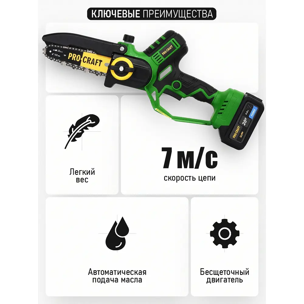 Фото 6 Пила аккумуляторная бесщёточная Procraft Pka32li 20 В шина 20 см 1x4 Ач АКБ и ЗУ в комплекте Фото 6 Пила аккумуляторная бесщёточная Procraft Pka32li 20 В шина 20 см 1x4 Ач АКБ и ЗУ в комплекте