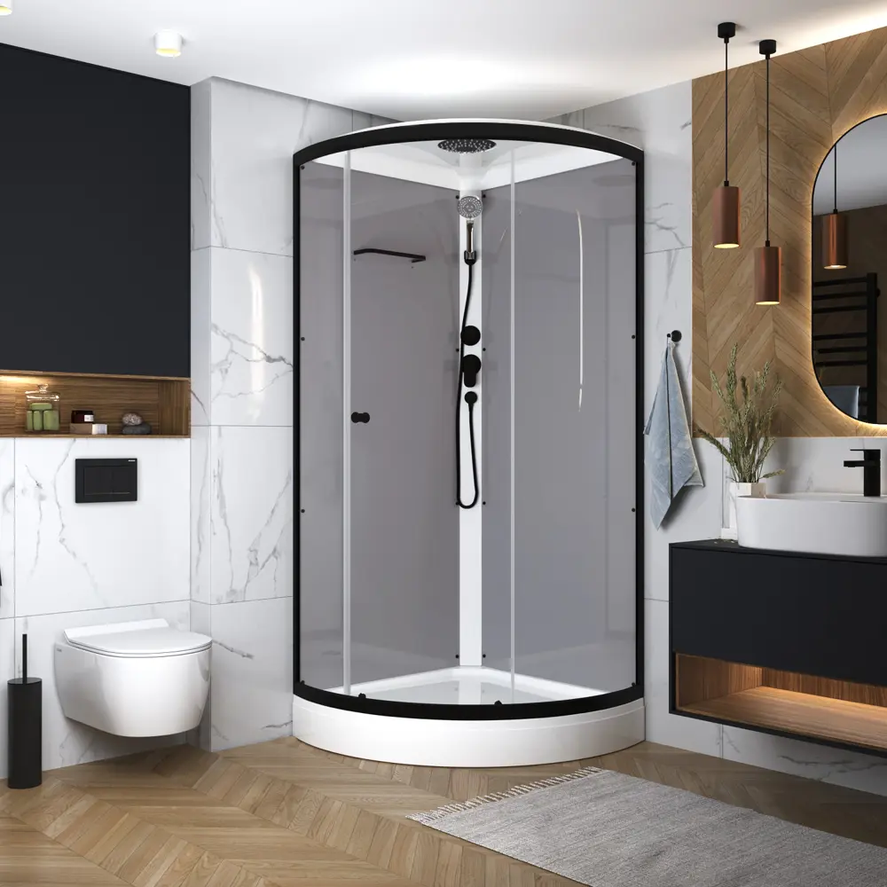 Фото 2 Душевая кабина Domani-Spa Simple 99 90x90x218 см низкий поддон, серые стенки, прозрачное стекло, графит профиль, Black accents Фото 2 Душевая кабина Domani-Spa Simple 99 90x90x218 см низкий поддон, серые стенки, прозрачное стекло, графит профиль, Black accents