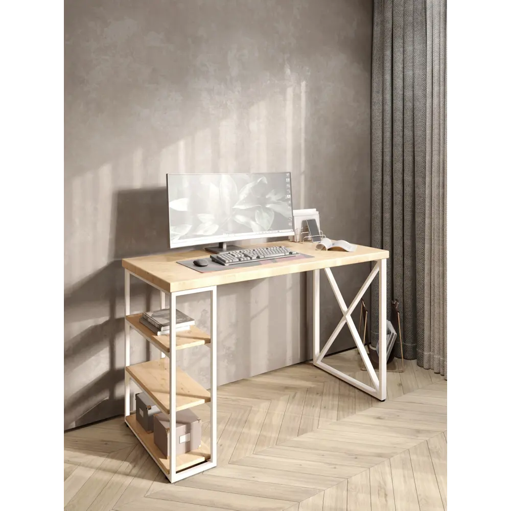 Фото 5 Стол письменный Solarius Loft 60x76.5x110 см сталь и дерево крестообразные ножки цвет белый/натуральный Фото 5 Стол письменный Solarius Loft 60x76.5x110 см сталь и дерево крестообразные ножки цвет белый/натуральный