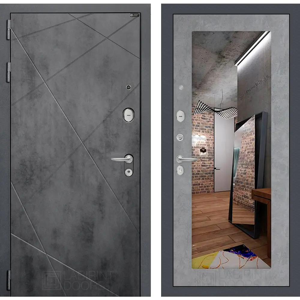 Фото Входная дверь Лабиринт Лофт левый 205x88см цвет бетон темный/бетон светлый с зеркалом П18 Фото Входная дверь Лабиринт Лофт левый 205x88см цвет бетон темный/бетон светлый с зеркалом П18