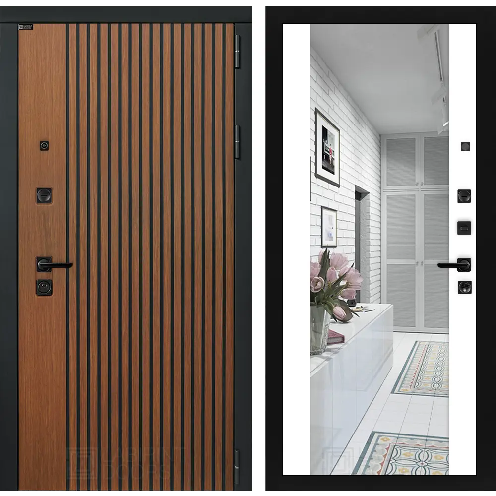 Фото Входная дверь Лабиринт Шторм правый 205x88см цвет дуб кантри темный/белый софт с зеркалом ФЛЗ-1