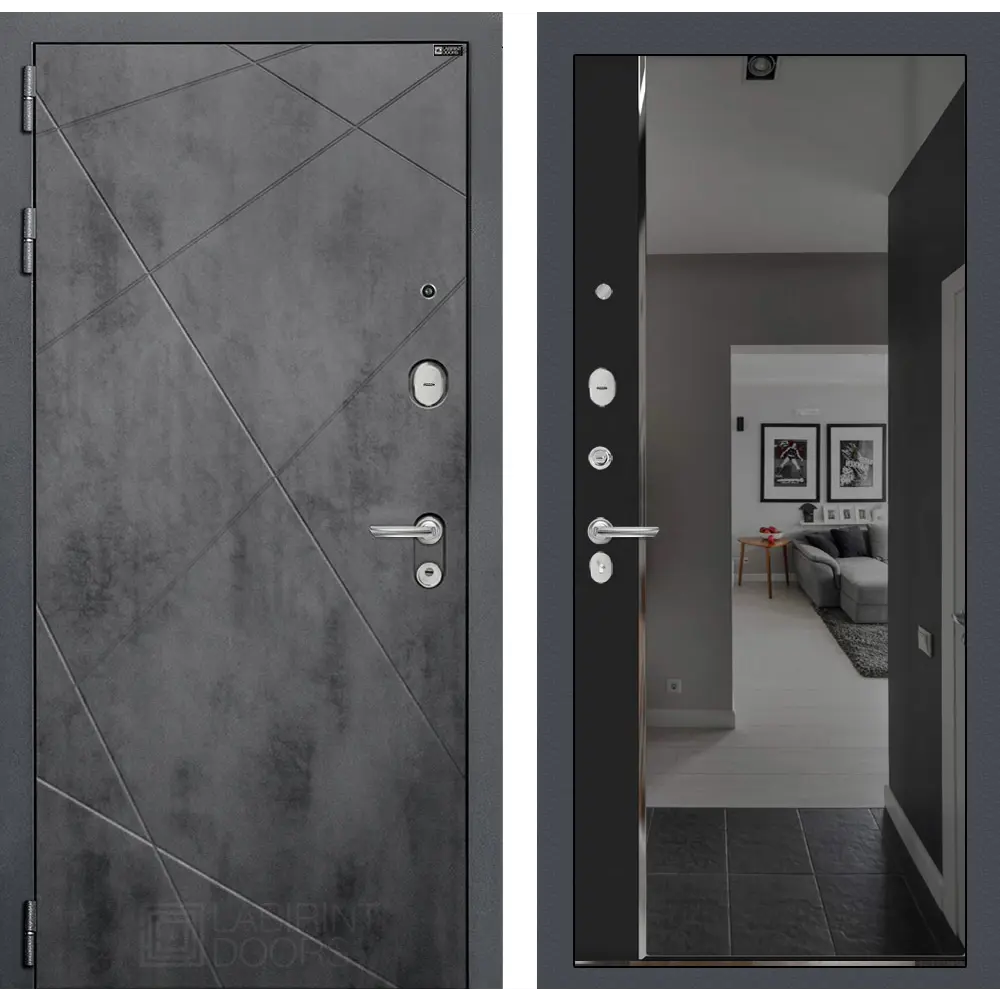 Фото Входная дверь Лабиринт Лофт левый 205x88см цвет бетон темный/черный кварц с зеркалом Панорама Фото Входная дверь Лабиринт Лофт левый 205x88см цвет бетон темный/черный кварц с зеркалом Панорама