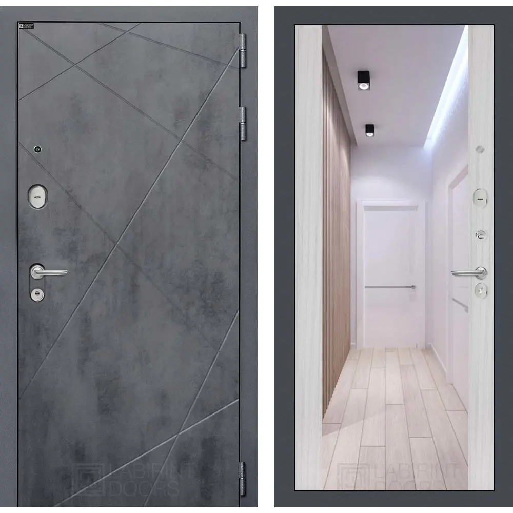 Фото Входная дверь Лабиринт Лофт правый 205x96см цвет бетон темный/сандал белый с зеркалом ФЛЗ-1