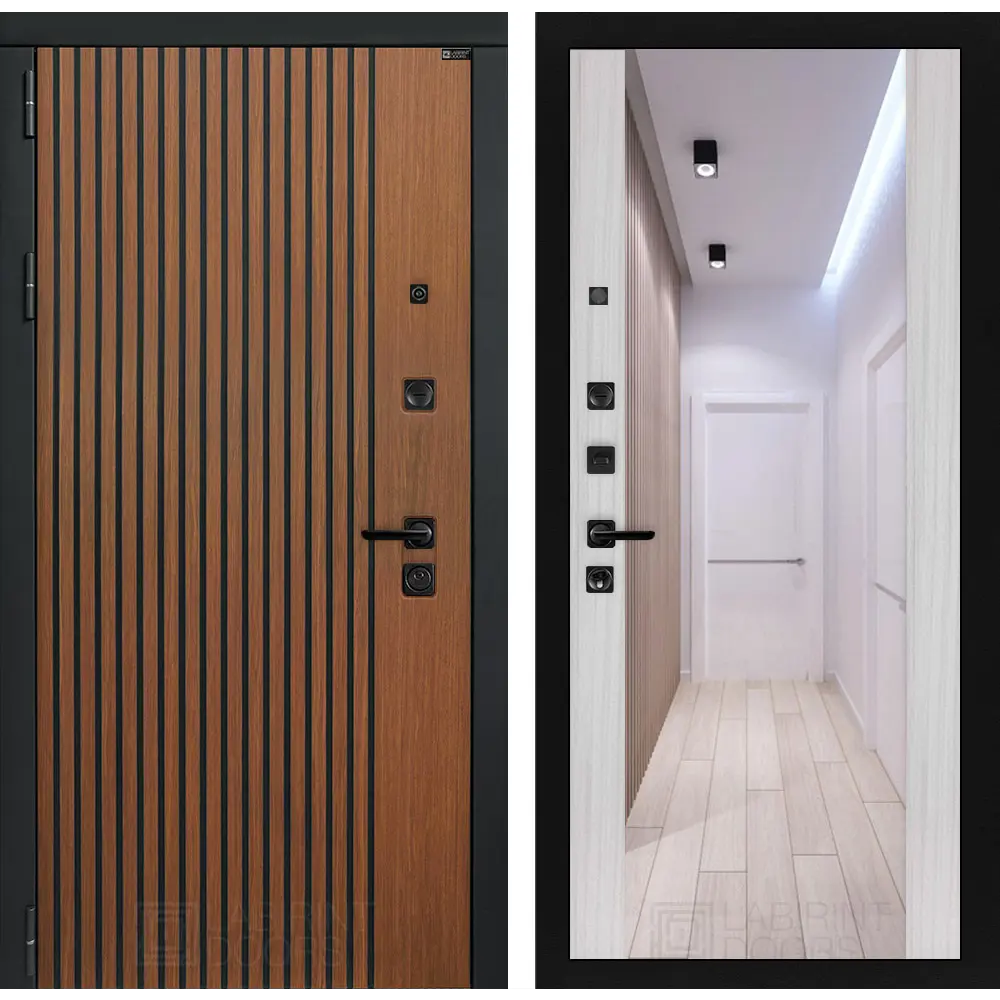 Фото Входная дверь Лабиринт Шторм левый 205x88см цвет дуб кантри темный/сандал белый с зеркалом ФЛЗ-1