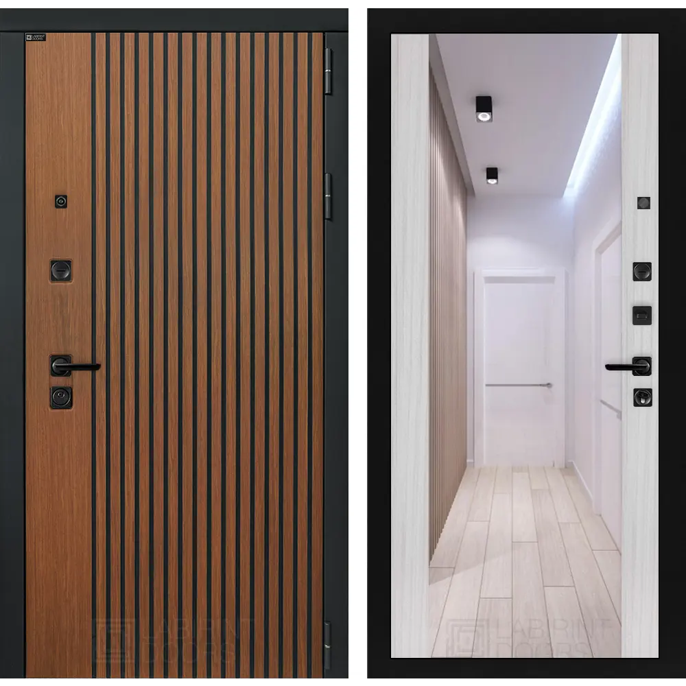 Фото Входная дверь Лабиринт Шторм правый 205x88см цвет дуб кантри темный/сандал белый с зеркалом ФЛЗ-1