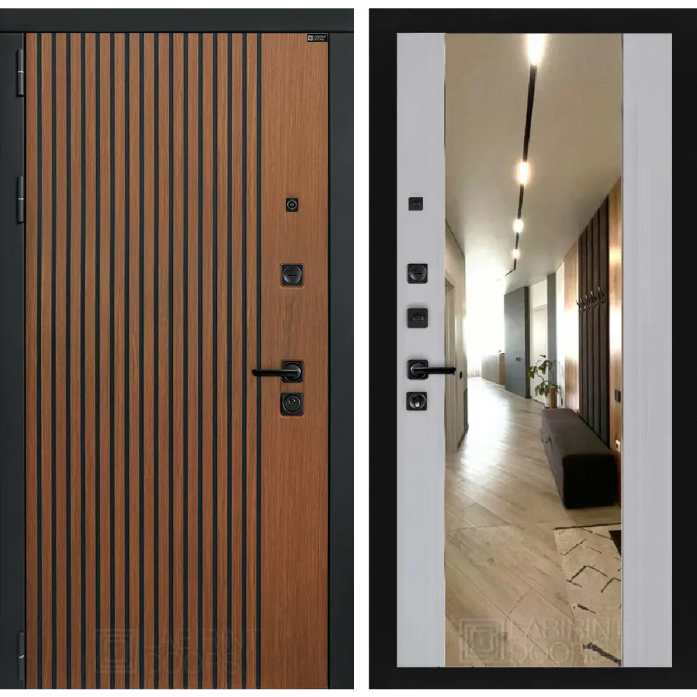 Фото Входная дверь Лабиринт Шторм левый 205x88см цвет дуб кантри темный/серый рельеф софт с зеркалом ФЛЗ-1