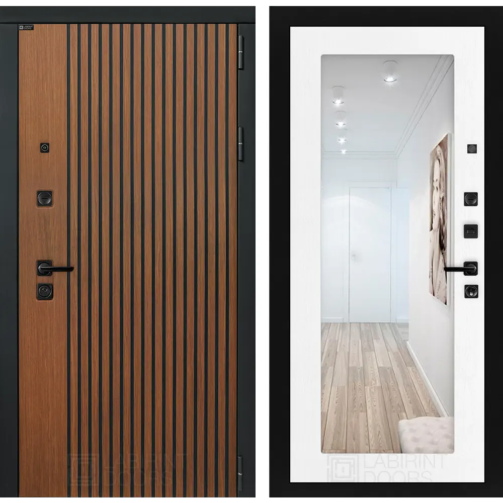 Фото Входная дверь Лабиринт Шторм правый 205x96см цвет дуб кантри темный/белое дерево с зеркалом П18