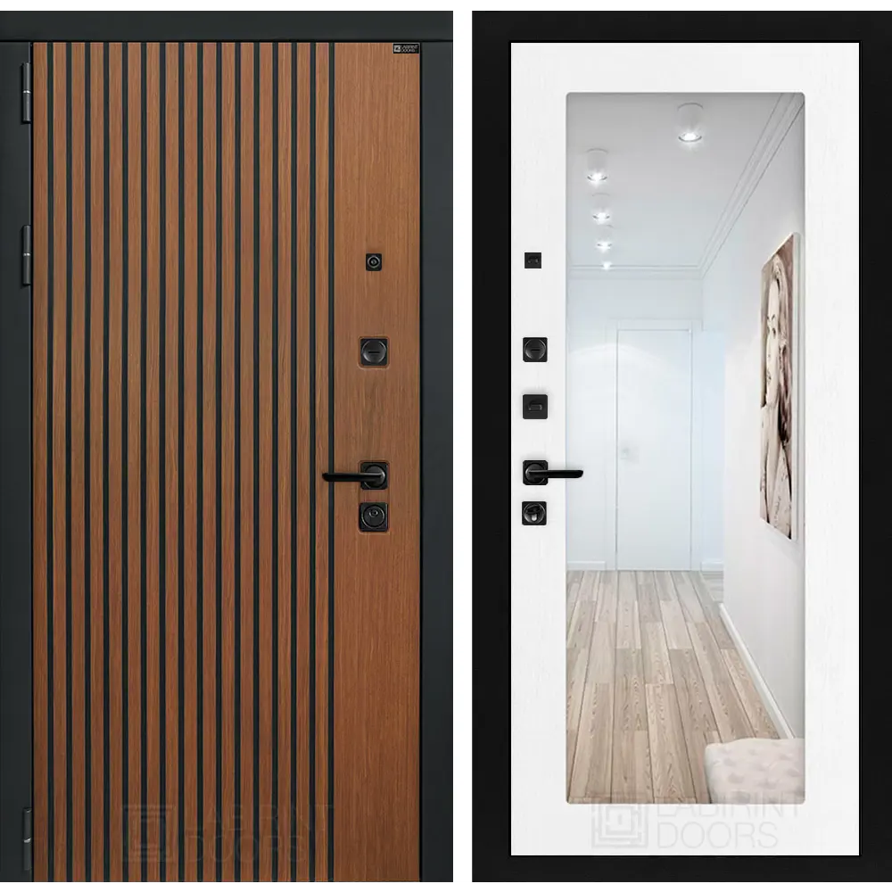 Фото Входная дверь Лабиринт Шторм левый 205x96см цвет дуб кантри темный/белое дерево с зеркалом П18