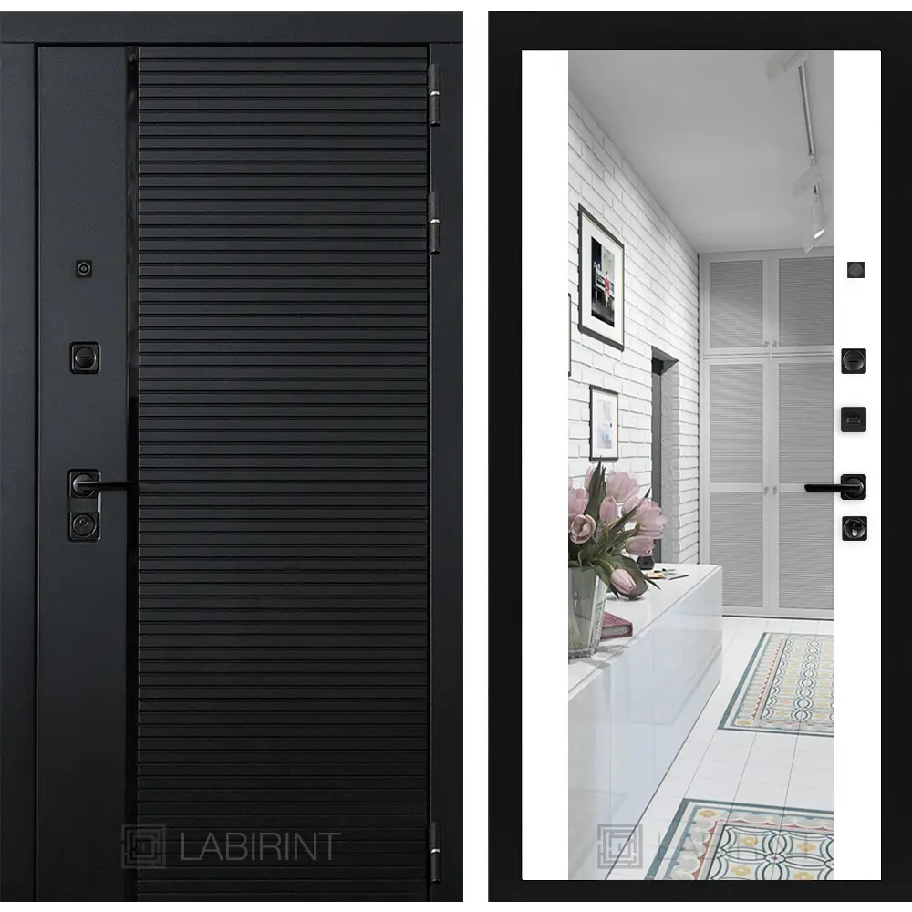 Фото Входная дверь Лабиринт Пиано правый 205x88см цвет черный кварц/белый софт с зеркалом ФЛЗ-1