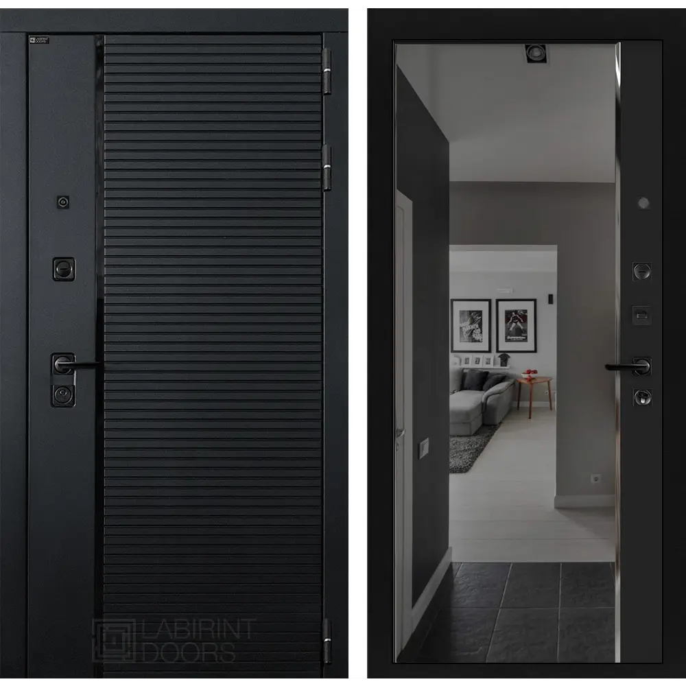 Фото Входная дверь Лабиринт Пиано правый 205x88см цвет черный кварц/черный кварц с зеркалом Панорама