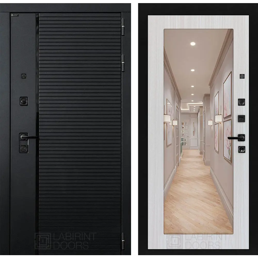 Фото Входная дверь Лабиринт Пиано правый 205x88см цвет черный кварц/сандал белый с зеркалом П18