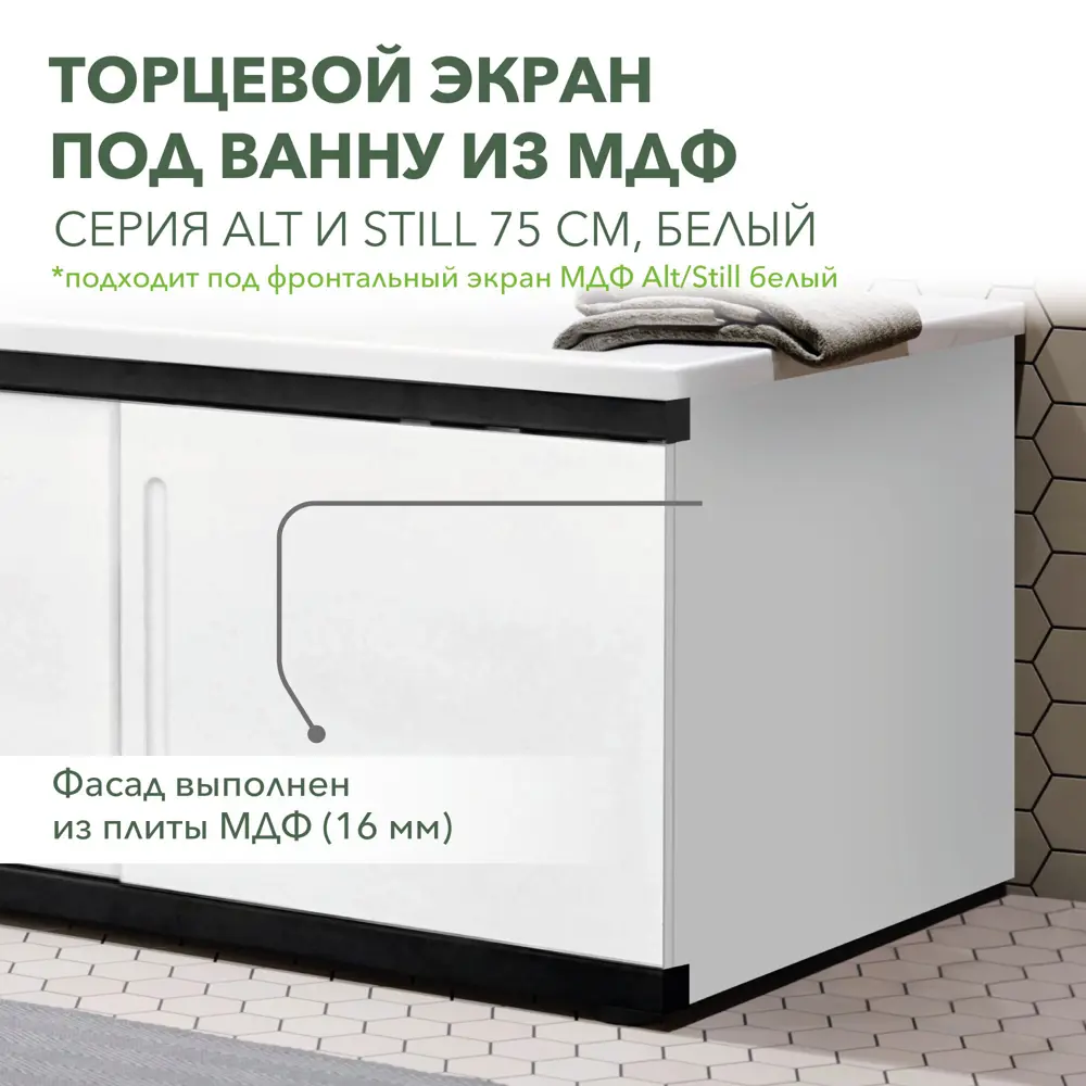 Фото Экран под ванну Alavann Мдф still торцевой 75 ALV0246001 70.5x53см цвет белый Фото Экран под ванну Alavann Мдф still торцевой 75 ALV0246001 70.5x53см цвет белый