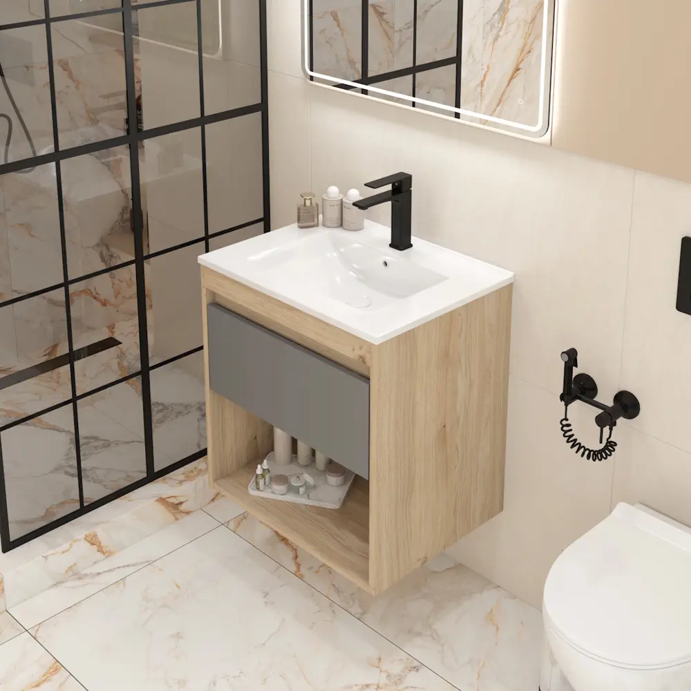 Фото 6 Тумба с раковиной для ванной 60 см Teymi Vitra подвесная цвет дуб фасад графит раковина Ritta 60 F15922