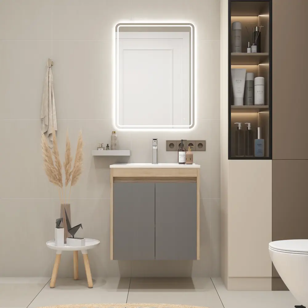 Фото 5 Тумба с раковиной для ванной 60 см Teymi Netta подвесная цвет дуб фасад графит раковина Ritta 60 F15932