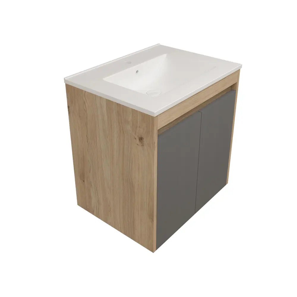 Фото 7 Тумба с раковиной для ванной 60 см Teymi Netta подвесная цвет дуб фасад графит раковина Ritta 60 F15932