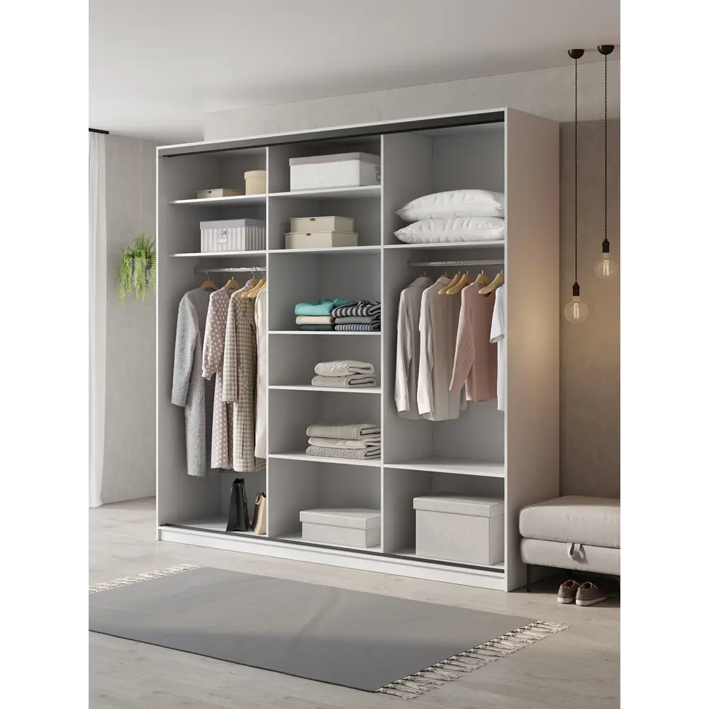 Фото 2 Шкаф-купе Клевер Атина с зеркалом 240x200х58 см 9 полок ЛДСП цвет белый/бетон серый