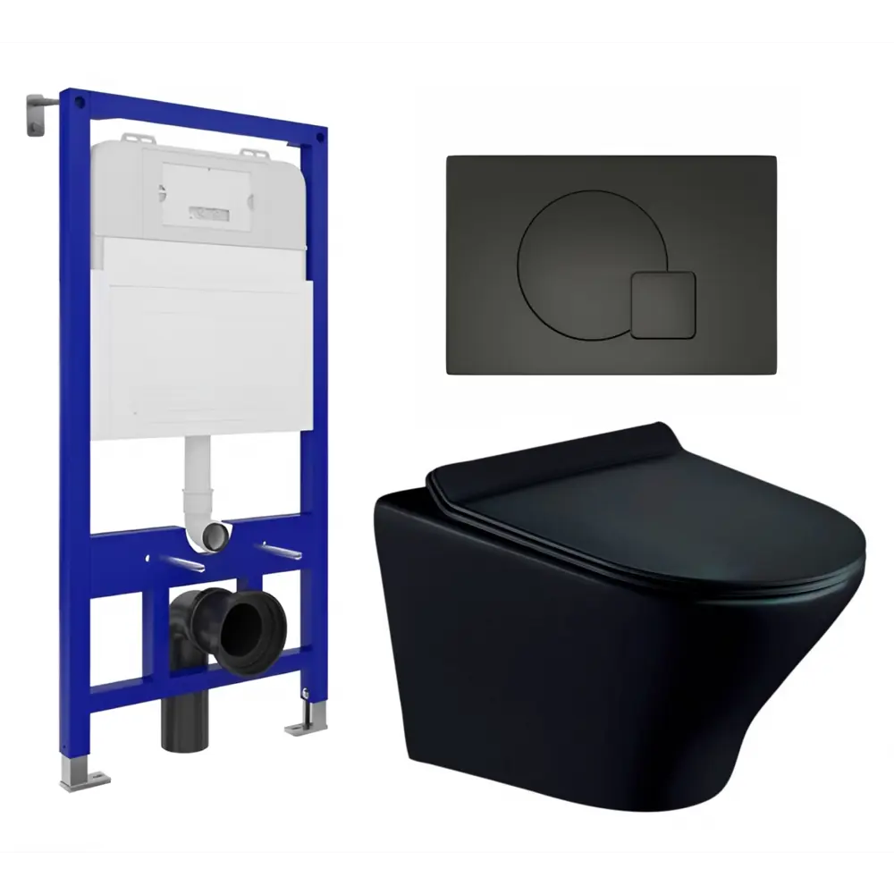 Фото Комплект инсталляция с унитазом 3 в 1 Enio Tecnico 52 унитаз подвесной Esbano Aster BM + кнопка черная матовая Geometria