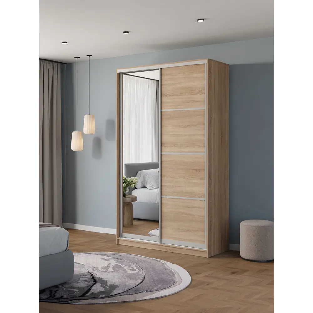 Фото Шкаф-купе Клевер Атина с зеркалом 240x130х45 см 6 полок ЛДСП цвет дуб сонома Фото Шкаф-купе Клевер Атина с зеркалом 240x130х45 см 6 полок ЛДСП цвет дуб сонома