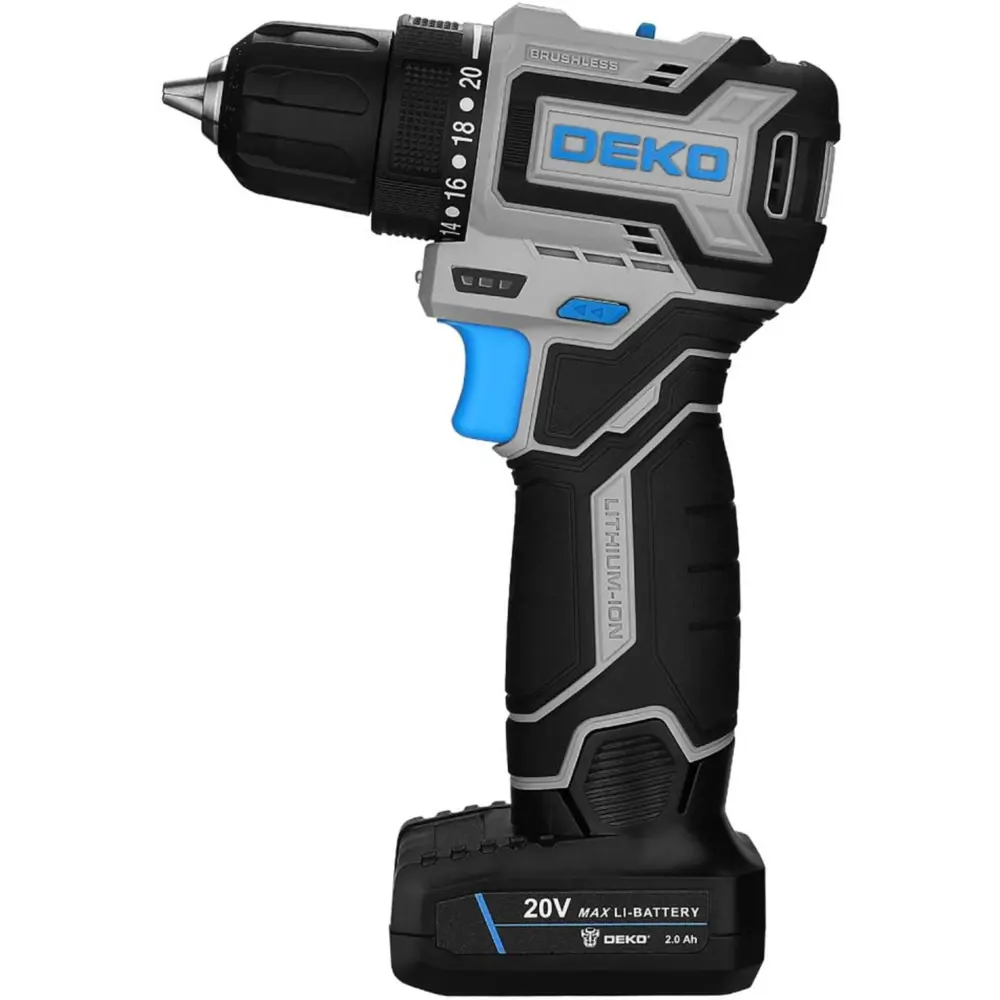 Фото 2 Дрель-шуруповерт аккумуляторная бесщеточная Deko Sharker Pro 084-1035, 20 В 2x2 Ач Фото 2 Дрель-шуруповерт аккумуляторная бесщеточная Deko Sharker Pro 084-1035, 20 В 2x2 Ач