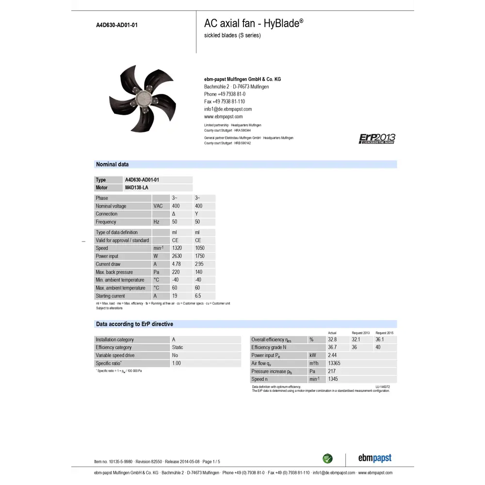 Фото 2 Вытяжной вентилятор Ebm-papst A4D630-AD01-01 D630 мм 80 дБ 13365 м³/ч цвет черный Фото 2 Вытяжной вентилятор Ebm-papst A4D630-AD01-01 D630 мм 80 дБ 13365 м³/ч цвет черный