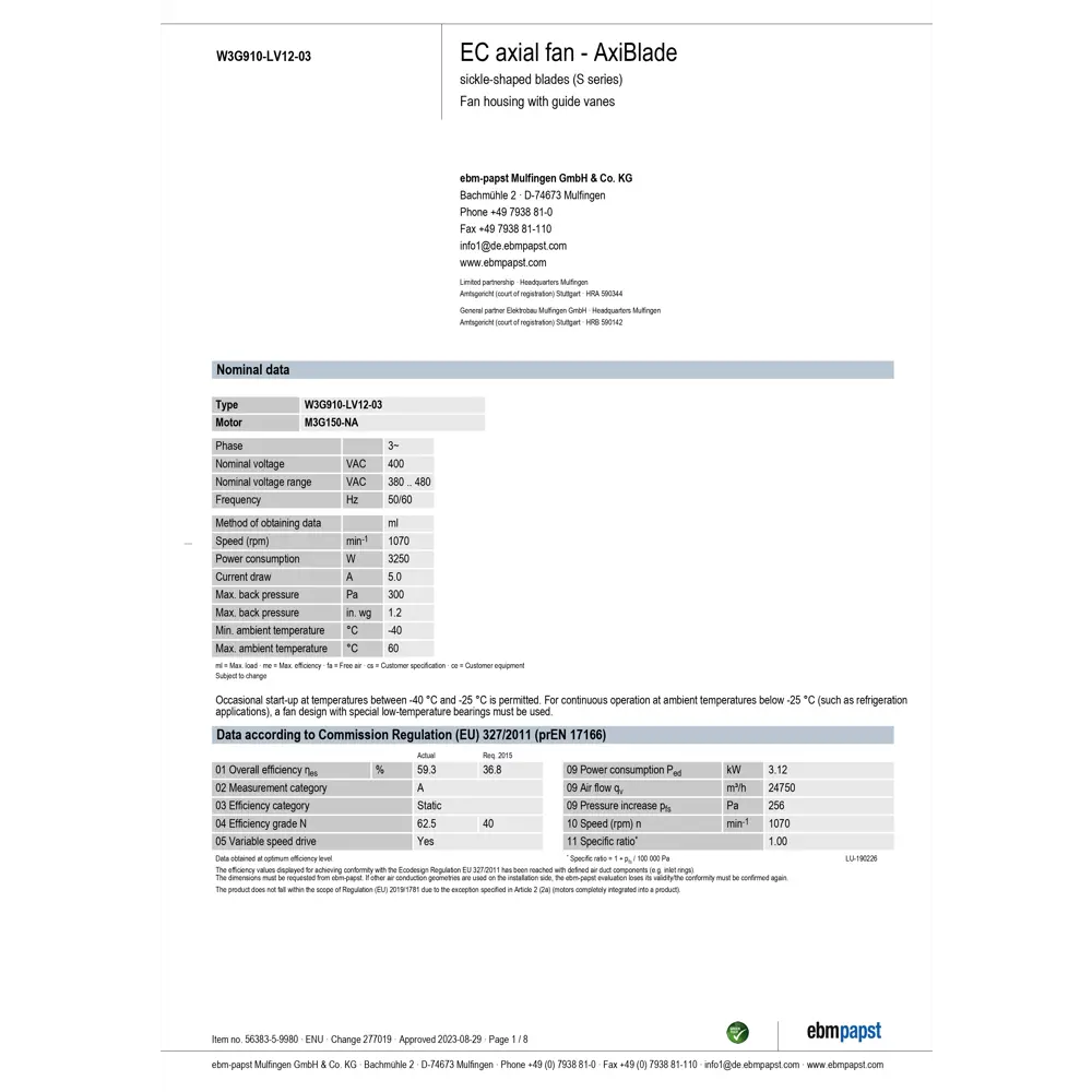 Фото 6 Вытяжной вентилятор Ebm-papst W3G910-LV12-03/F01 D910 мм 83 дБ 35825 м³/ч цвет черный Фото 6 Вытяжной вентилятор Ebm-papst W3G910-LV12-03/F01 D910 мм 83 дБ 35825 м³/ч цвет черный