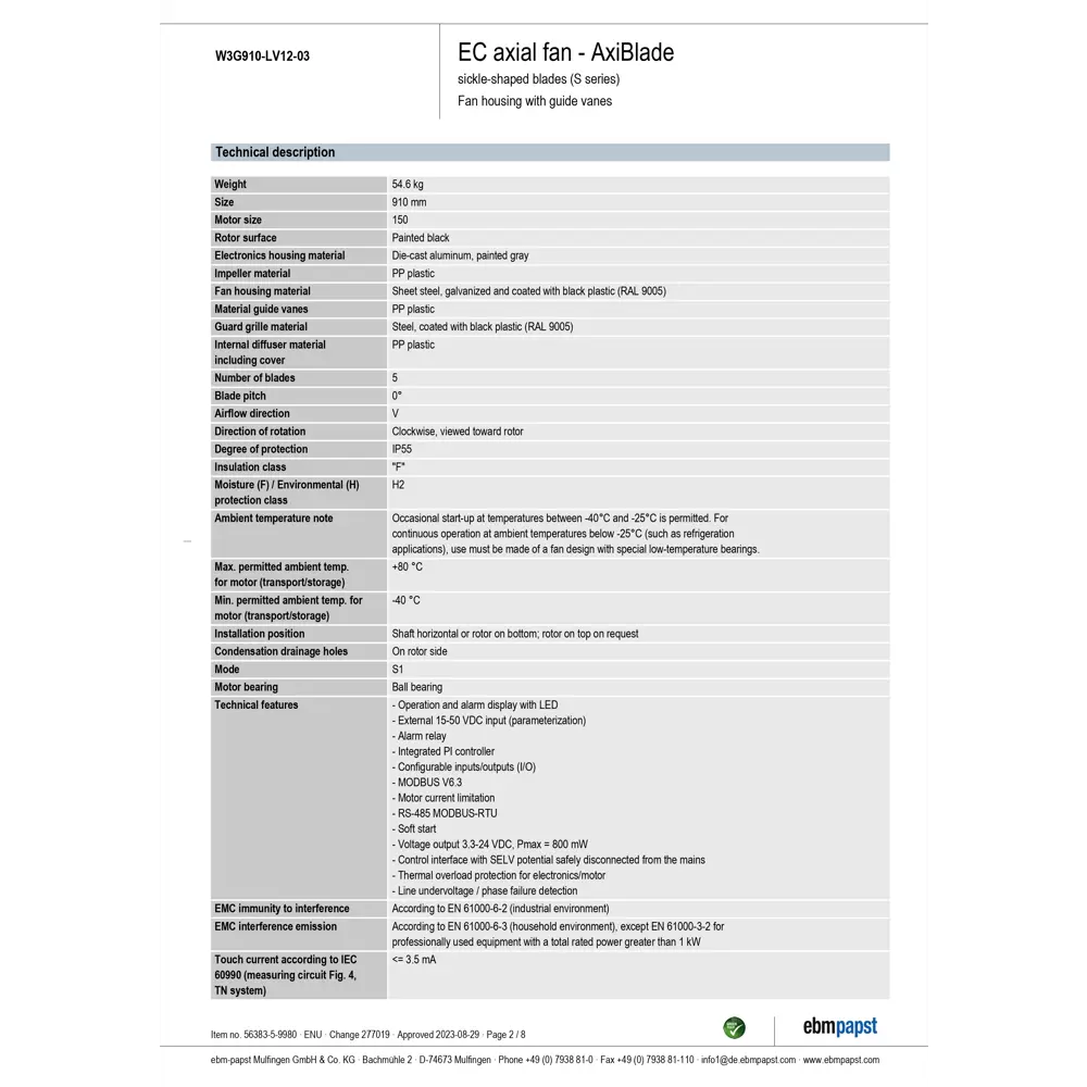 Фото 2 Вытяжной вентилятор Ebm-papst W3G910-LV12-03/F01 D910 мм 83 дБ 35825 м³/ч цвет черный Фото 2 Вытяжной вентилятор Ebm-papst W3G910-LV12-03/F01 D910 мм 83 дБ 35825 м³/ч цвет черный