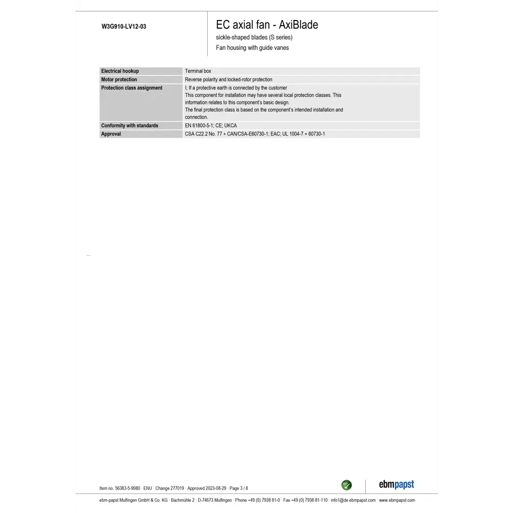 Фото 3 Вытяжной вентилятор Ebm-papst W3G910-LV12-03/F01 D910 мм 83 дБ 35825 м³/ч цвет черный Фото 3 Вытяжной вентилятор Ebm-papst W3G910-LV12-03/F01 D910 мм 83 дБ 35825 м³/ч цвет черный