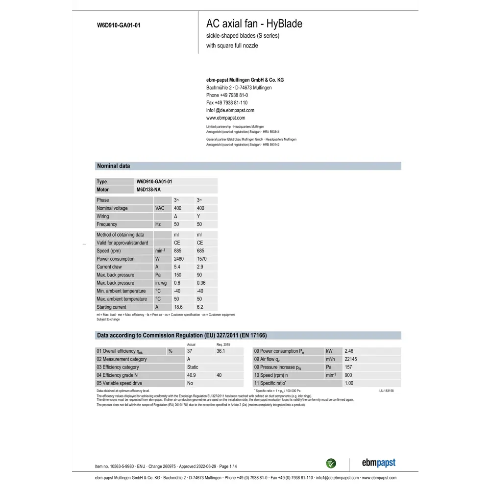 Фото 3 Вытяжной вентилятор Ebm-papst W6D910-GA01-01 D910 мм 77 дБ 22145 м³/ч цвет черный Фото 3 Вытяжной вентилятор Ebm-papst W6D910-GA01-01 D910 мм 77 дБ 22145 м³/ч цвет черный