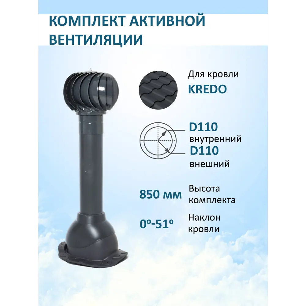 Фото Турбодефлектор Мерес Ø110мм с вентиляционным выходом Ø110мм для металлочерепицы Kredo RAL 7024 серый графит Фото Турбодефлектор Мерес Ø110мм с вентиляционным выходом Ø110мм для металлочерепицы Kredo RAL 7024 серый графит