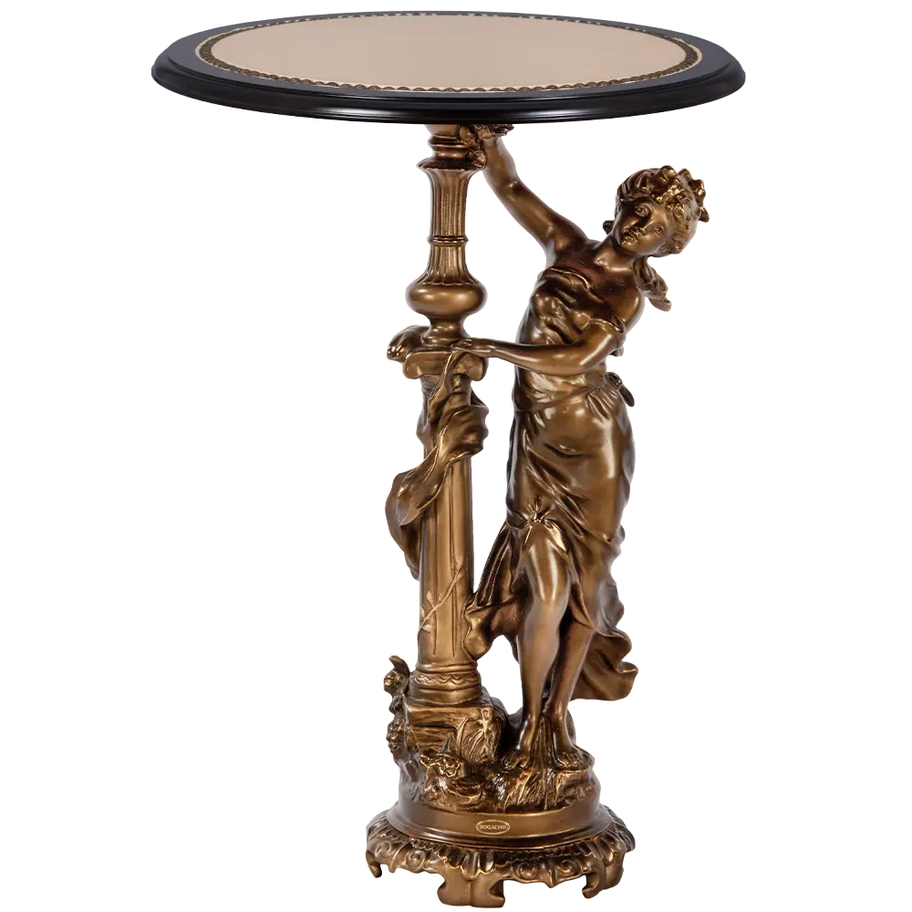 Фото Столик декоративный из литьевого мрамора Bogacho Летний вечер бронзовый со столешницей Ø 45 см коричневой и вставкой из искусственной кожи бежевой