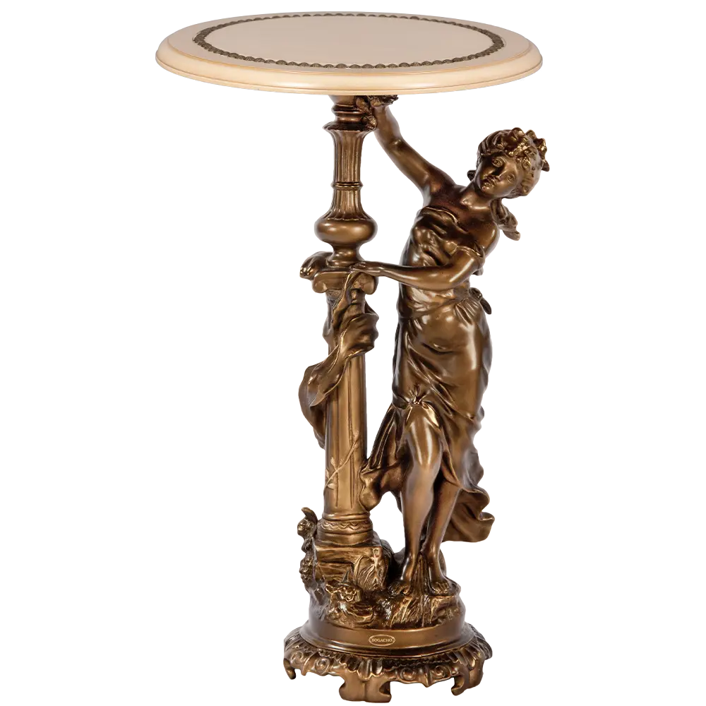 Фото Столик декоративный из литьевого мрамора Bogacho Летний вечер бронзовый со столешницей Ø 34 см и вставкой из искусственной кожи бежевой