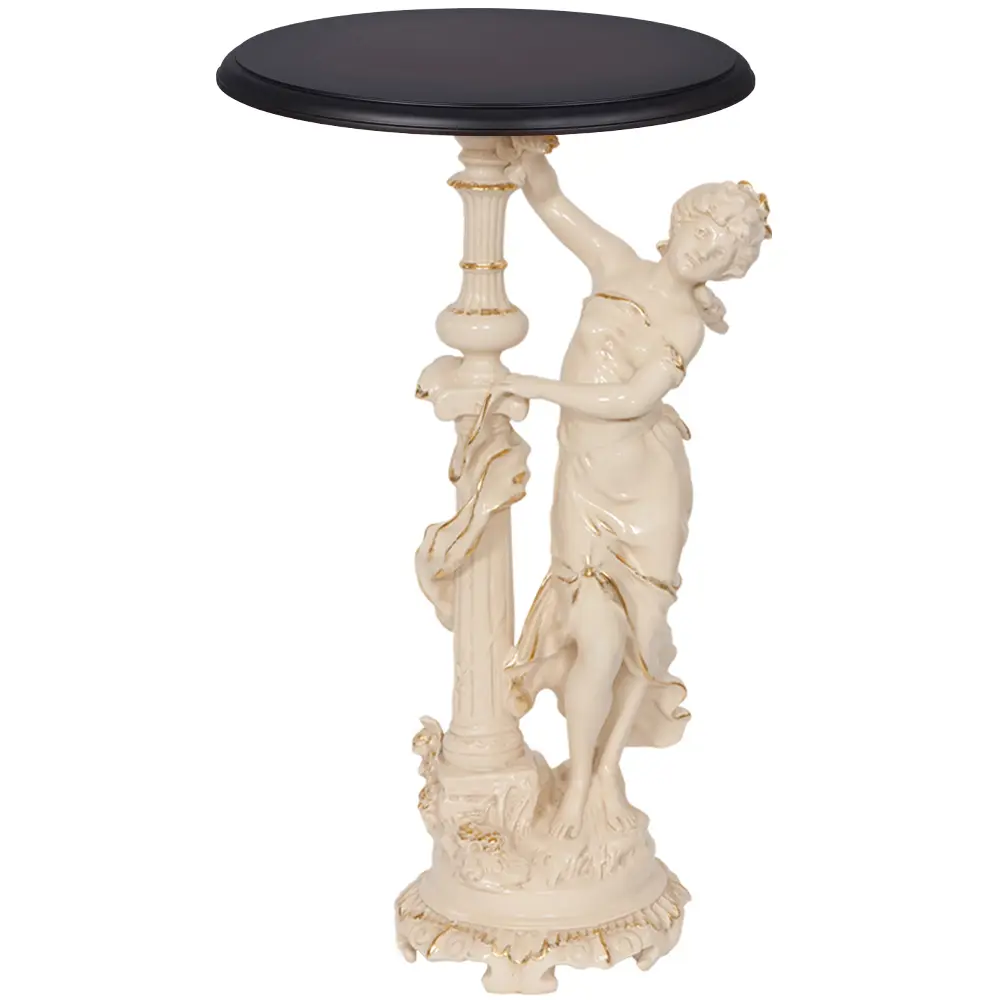 Фото Столик декоративный из литьевого мрамора Bogacho 13007/АС/340Дмт Летний вечер бежевый со столешницей Ø 34 см коричневой