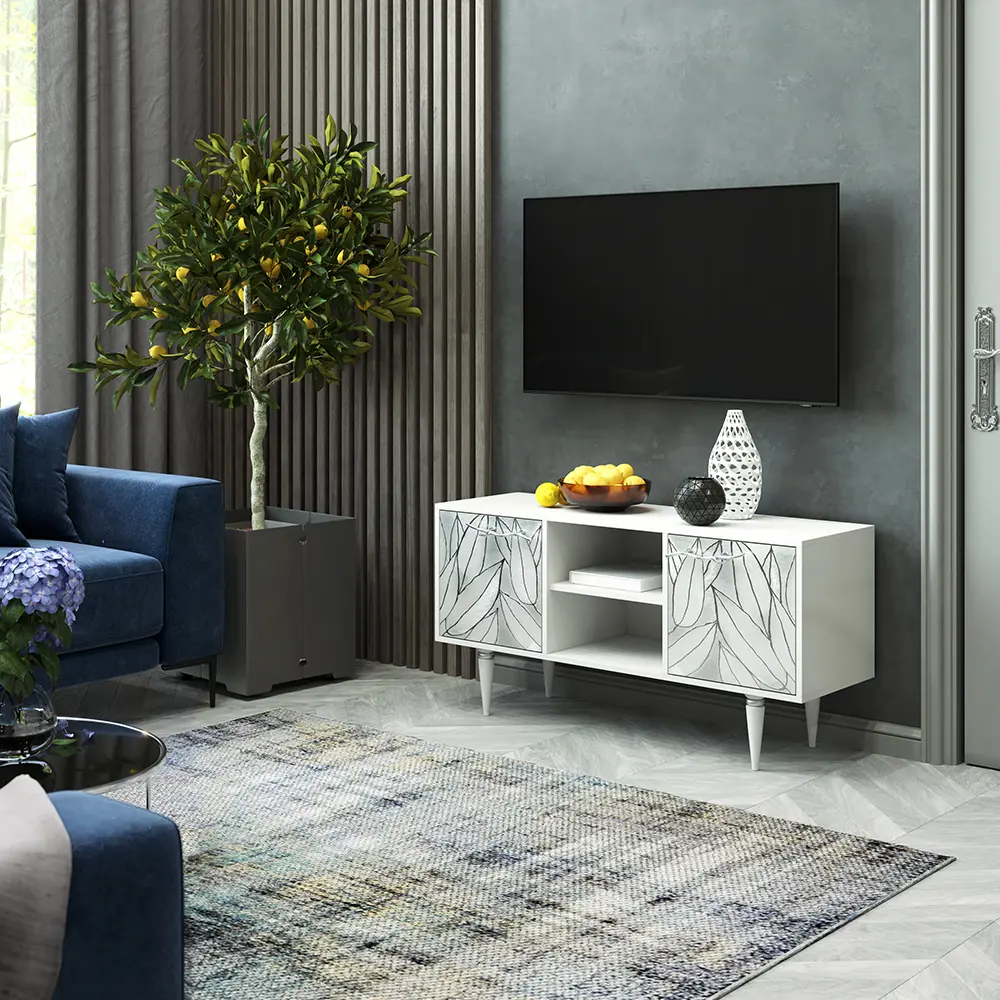 Фото 2 Тумба под телевизор Bogacho Классик 117x60x42 см МДФ с покрытием цвет белый/серебро Фото 2 Тумба под телевизор Bogacho Классик 117x60x42 см МДФ с покрытием цвет белый/серебро